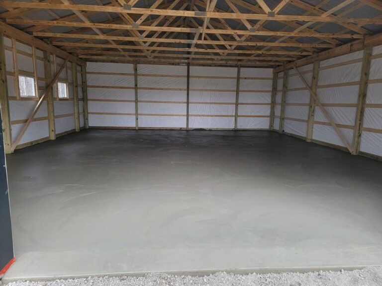 Garage with freshly poured concrete floor done by the best concrete contractor in Butler, IN