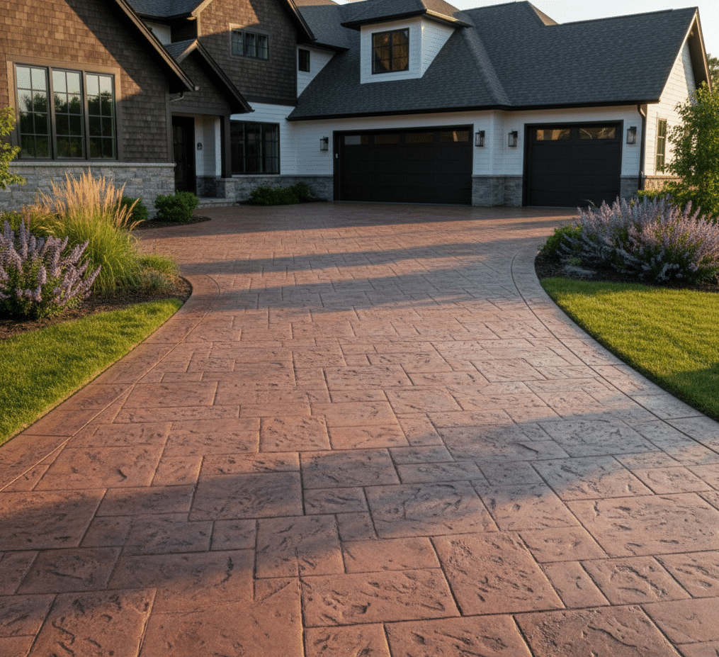 stamped concrete garage entrance, built by professionals with many years of experience