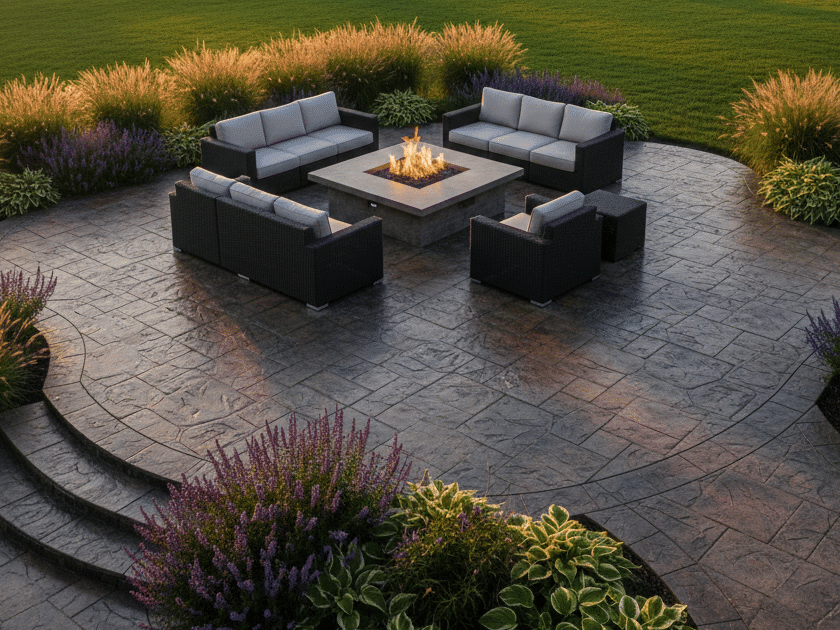 concrete patio with stamped concrete