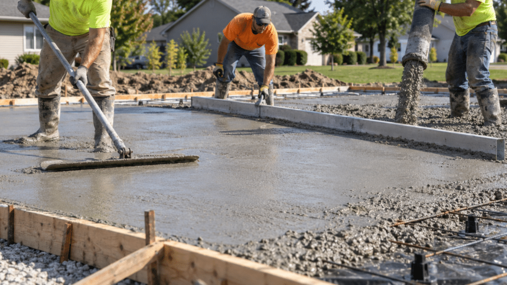 Crew pouring concrete footings for a residential foundation in Fort Wayne, Indiana