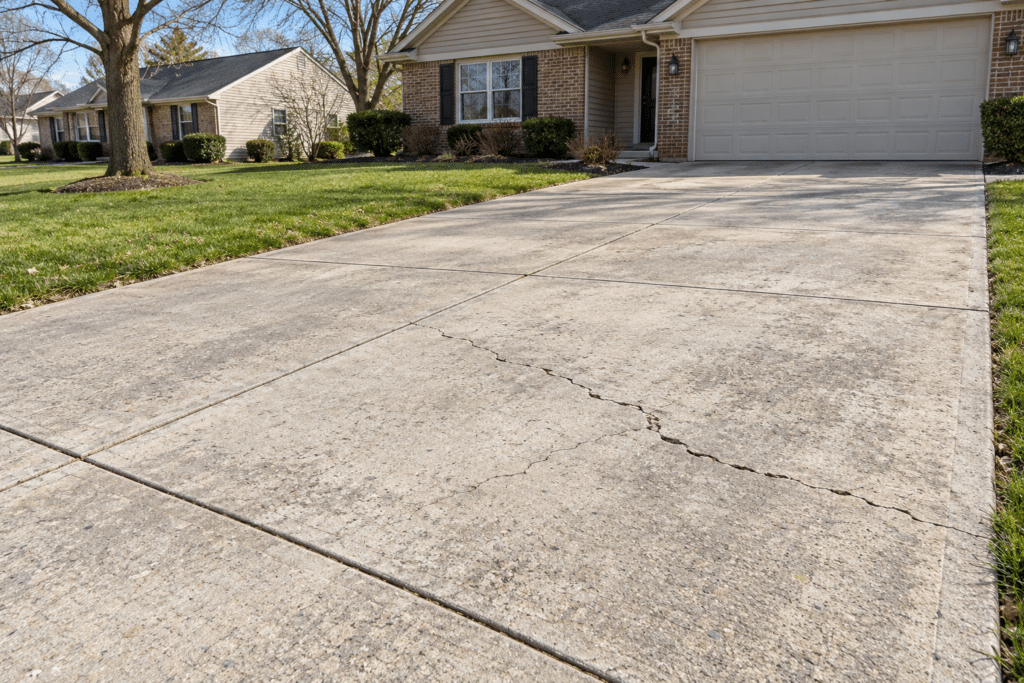 Cracked concrete driveway surface on a residential property in Fort Wayne, Indiana