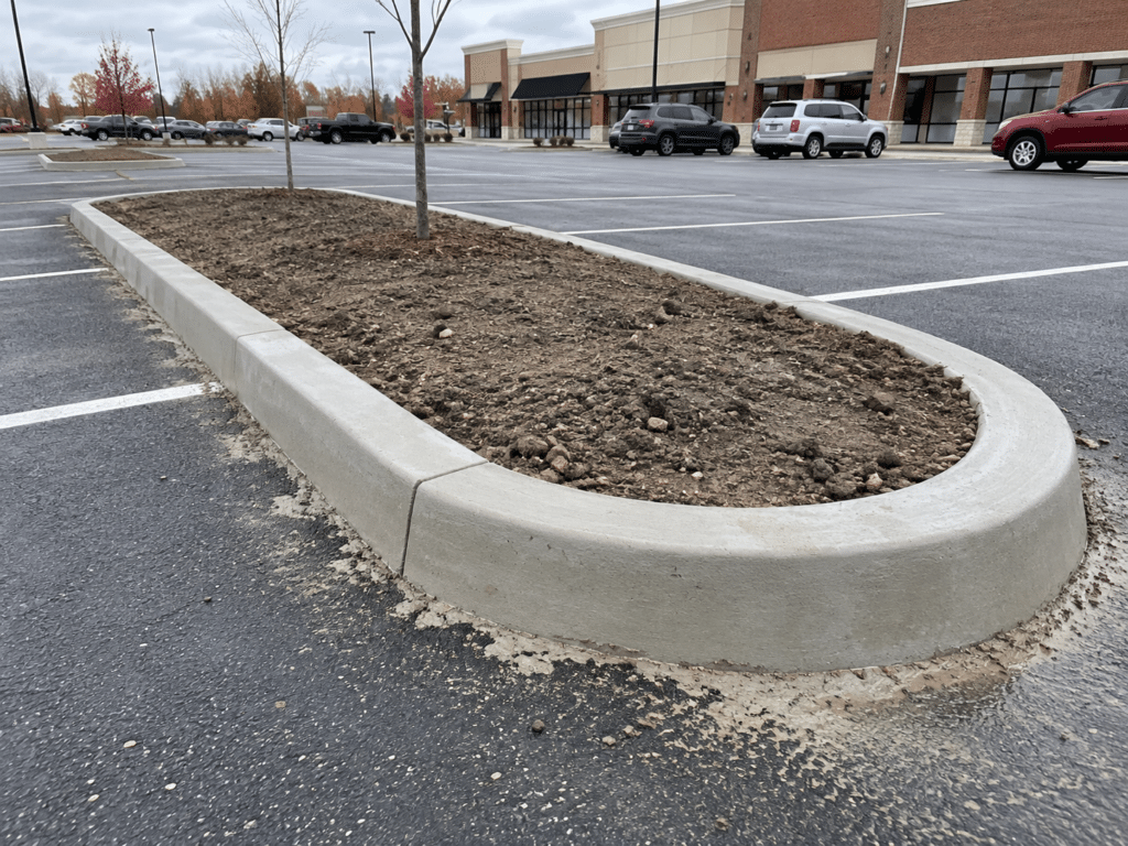 Newly poured concrete curbing around a commercial parking lot island in Fort Wayne, Indiana